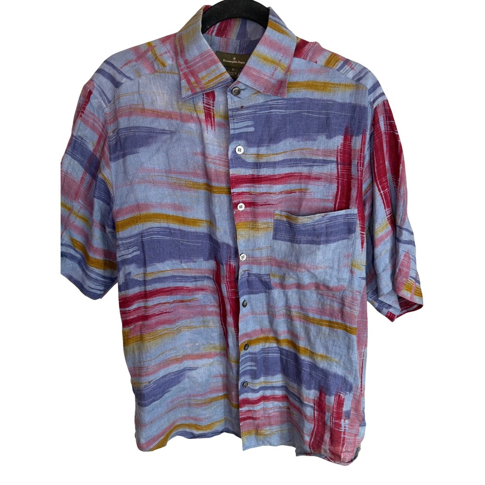 Ermenegildo Zegna Mens Linen Short Sleeve Shirt Abstract Print Blue Red M Italy